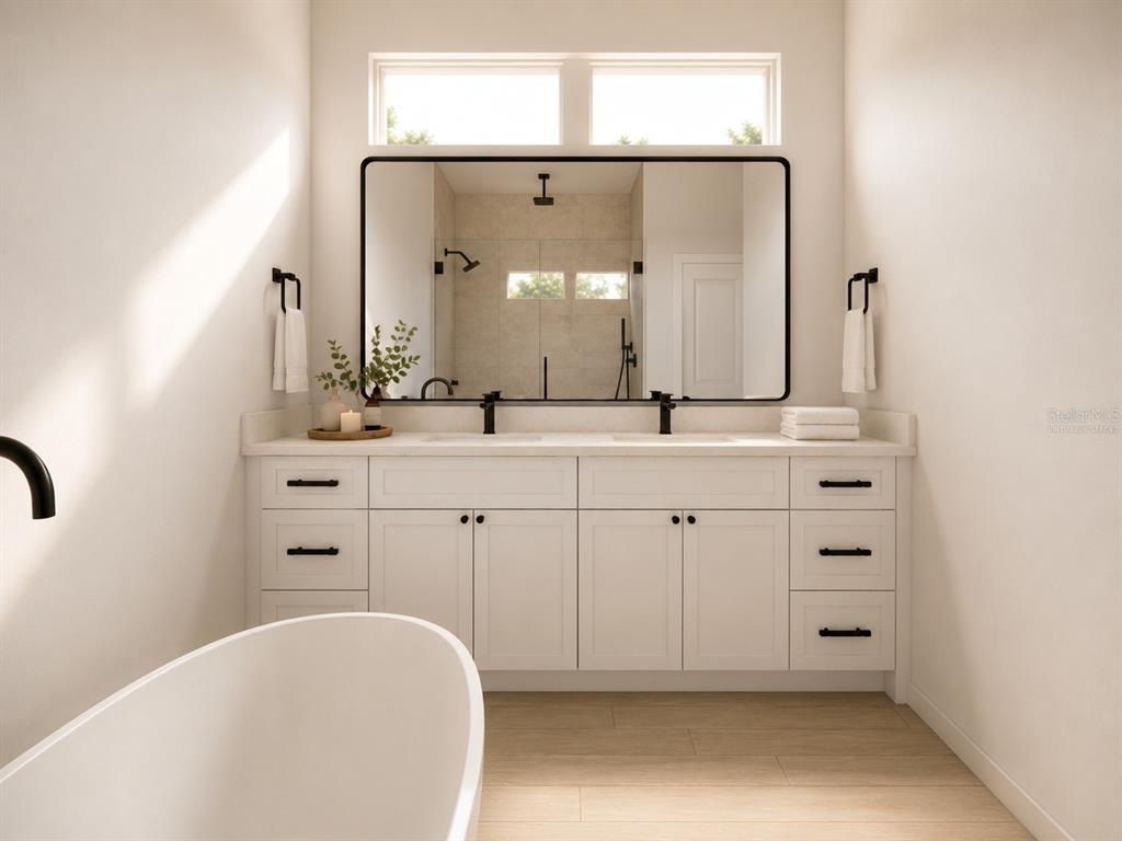 This rendering shows a modern bathroom with a double vanity, large mirror, and soaking tub — 13855 SW 33RD COURT ROAD, OCALA, FL