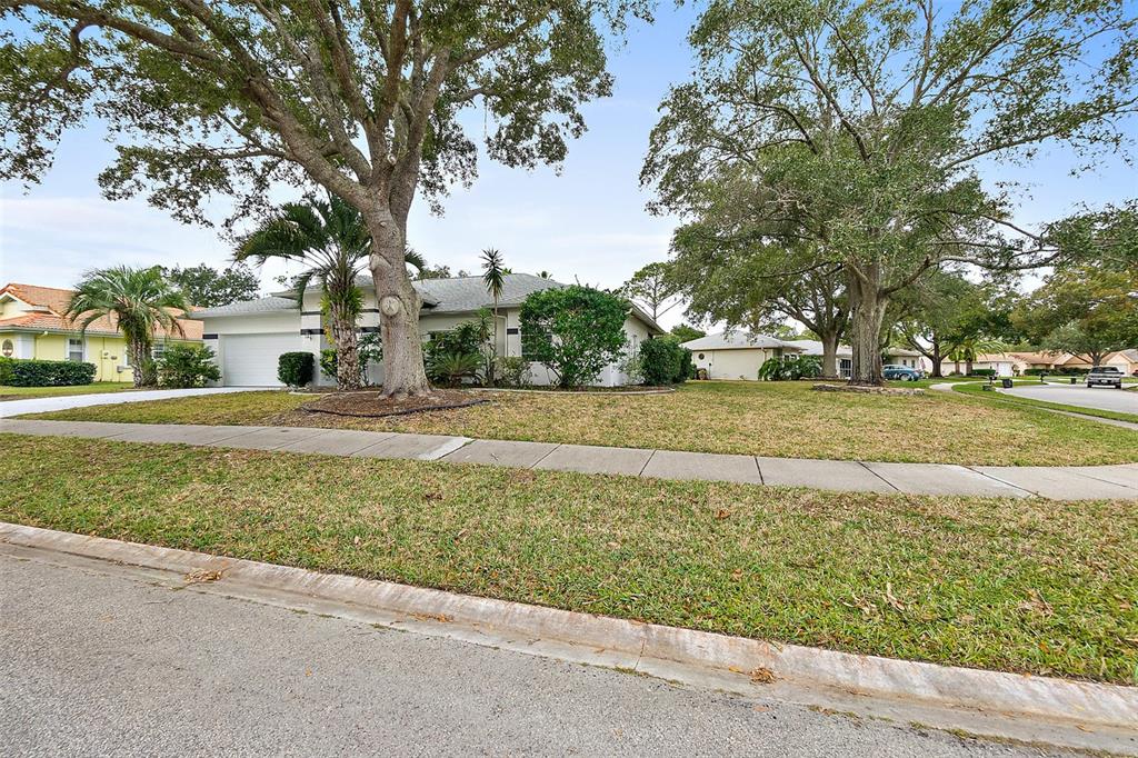 A single-story house with a white exterior, a two-car garage, and large trees in front — 2 SAW MILL COURT, PALM COAST, FL