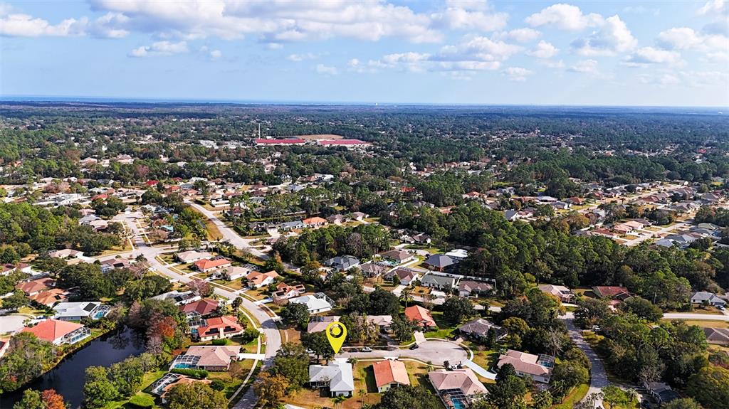 An aerial view shows a suburban neighborhood with houses, trees, and a yellow location pin — 2 SAW MILL COURT, PALM COAST, FL