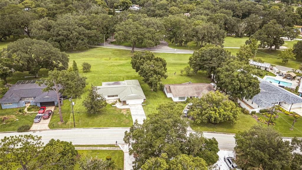 An aerial view shows several single-story houses with driveways situated along a road near trees — 936 N RIVERHILLS DRIVE, TAMPA, FL