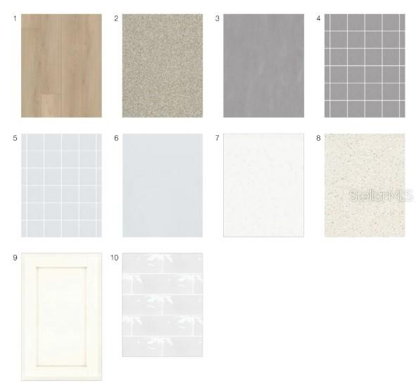 This image displays a grid of ten material samples for interior home finishes — 7536 MOONBEAM AVENUE, SARASOTA, FL