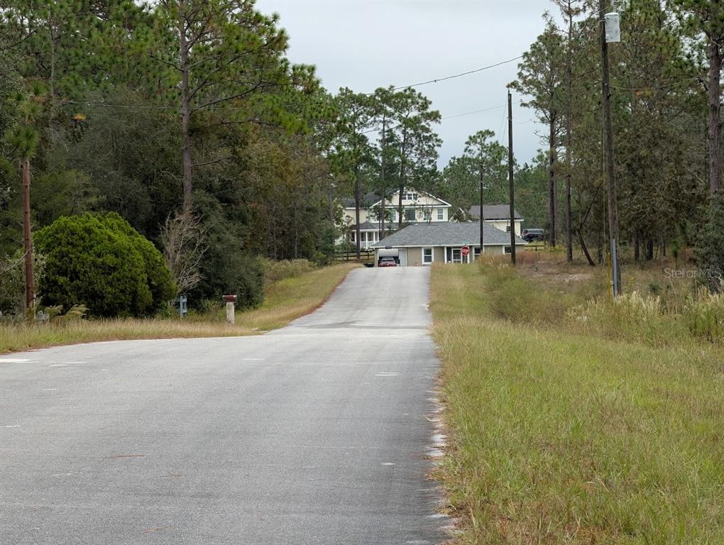 A paved road leads uphill toward a house surrounded by trees and grassy fields — lot 13 NW GERANIUM AVENUE, DUNNELLON, FL