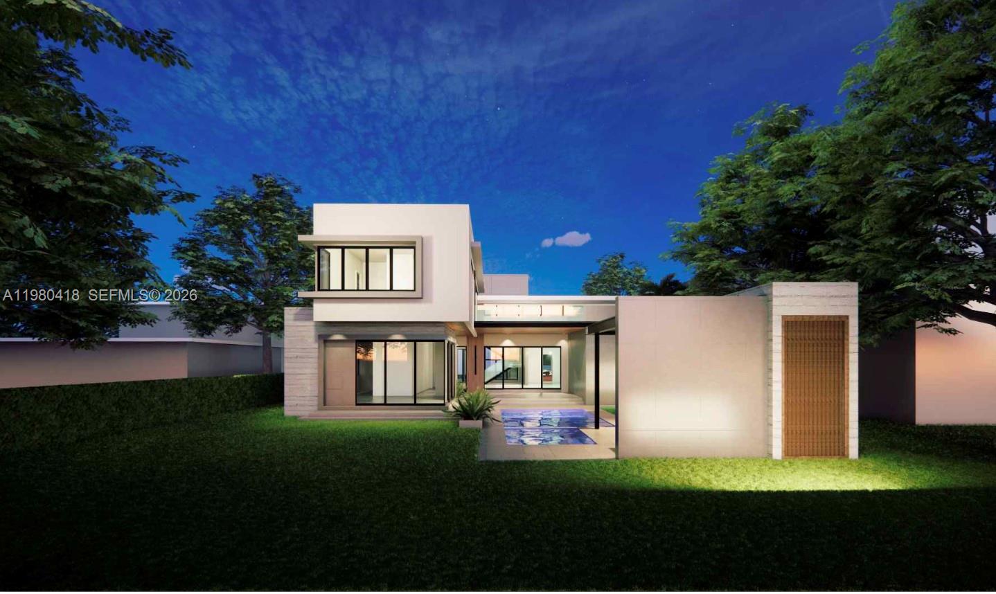 This is a digital rendering of a modern two-story house with a pool at night — 820 NE 111th St, Biscayne Park FL 33161, BISCAYNE PARK, FL