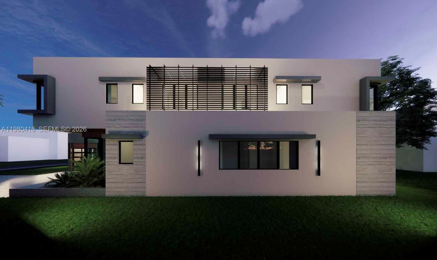 This is a digital rendering of the exterior of a modern two-story house at dusk — 820 NE 111th St, Biscayne Park FL 33161, BISCAYNE PARK, FL