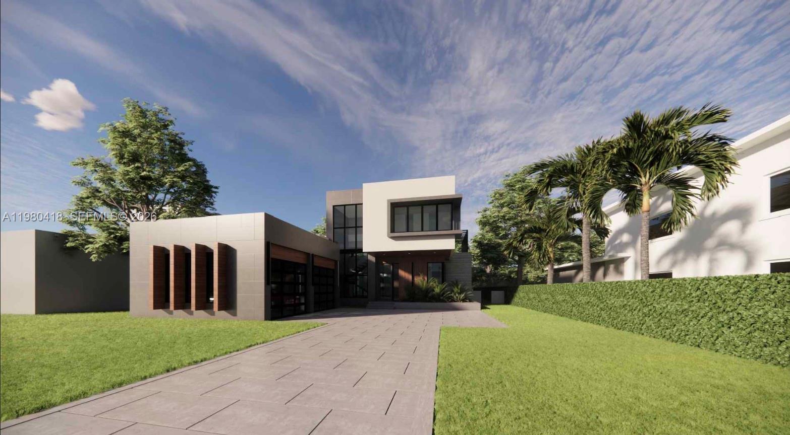 This is a rendering of a modern two-story house with a flat roof and driveway — 820 NE 111th St, Biscayne Park FL 33161, BISCAYNE PARK, FL
