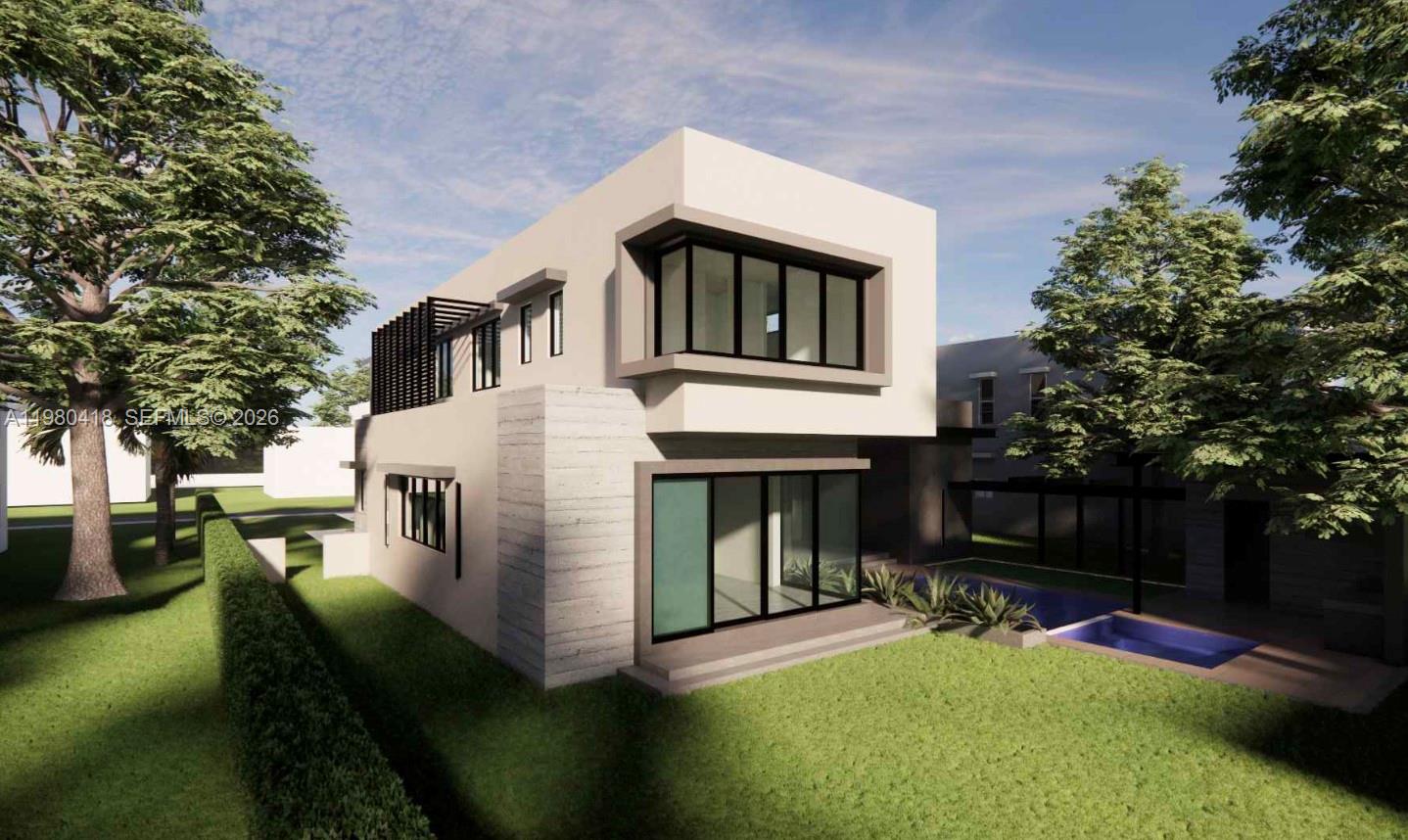 A digital rendering of a modern two-story house with a pool and a grassy yard — 820 NE 111th St, Biscayne Park FL 33161, BISCAYNE PARK, FL