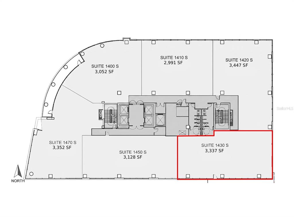 This is a floor plan of an office building showing multiple suites and a central core — 189 S ORANGE AVENUE UNIT 1430, ORLANDO, FL