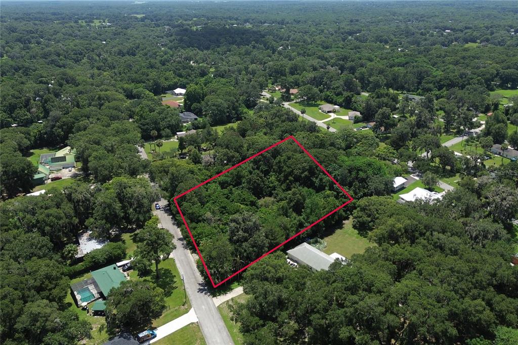 An aerial view shows a rectangular, tree-covered vacant lot outlined in red along a road — 1820 CARR STREET, DELAND, FL