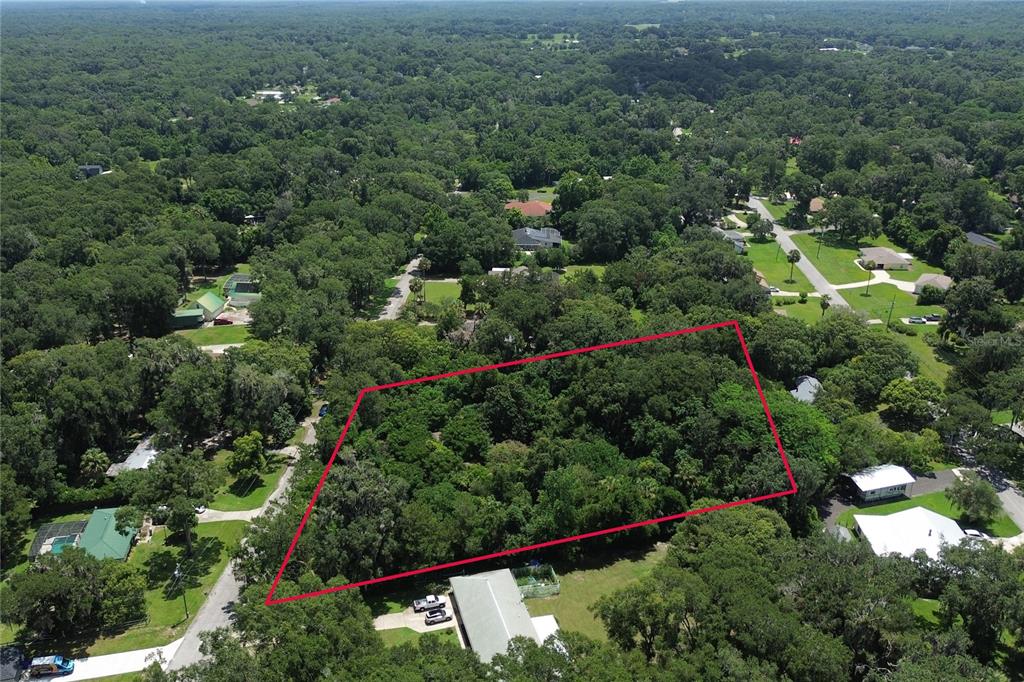 An aerial view shows a wooded, rectangular plot of land outlined in red — 1820 CARR STREET, DELAND, FL