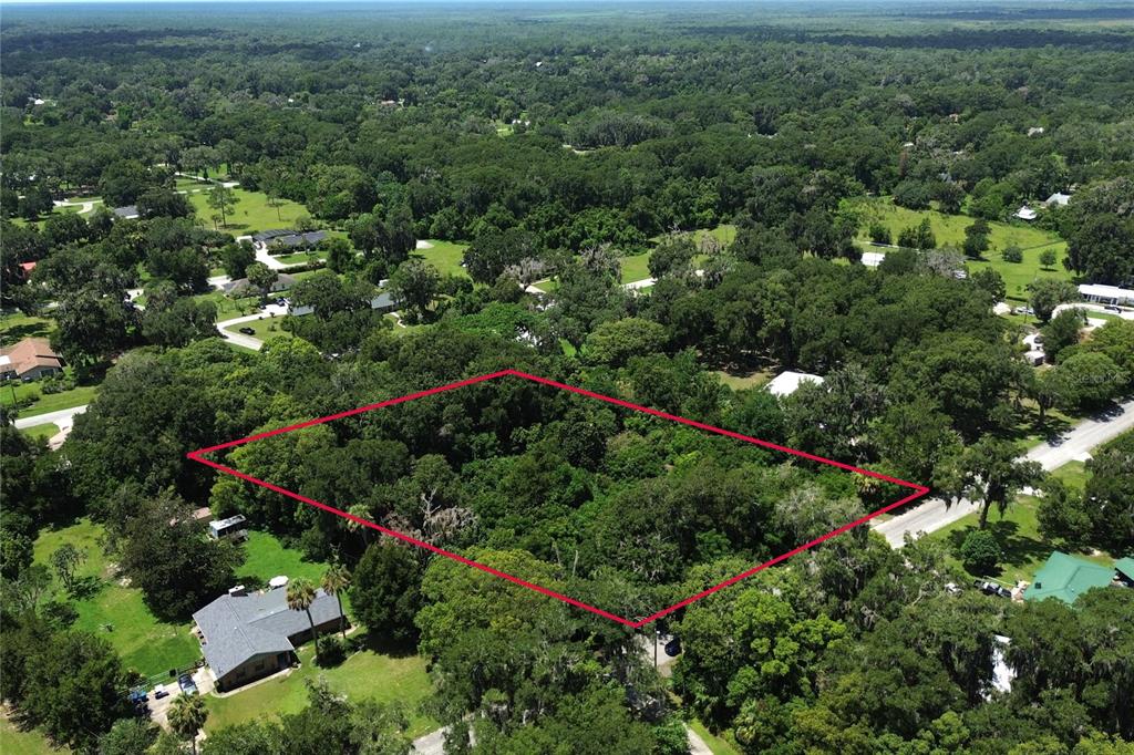 An aerial view shows a rectangular, tree-covered vacant lot outlined in red — 1820 CARR STREET, DELAND, FL