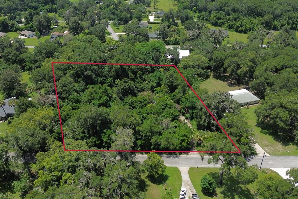 An aerial view shows a wooded, rectangular lot outlined in red along a paved road — 1820 CARR STREET, DELAND, FL