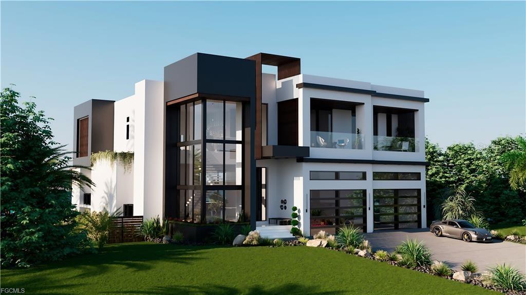 This is a digital rendering of a modern two-story house with a glass-enclosed staircase — 5929 SW 1ST AVENUE, CAPE CORAL, FL
