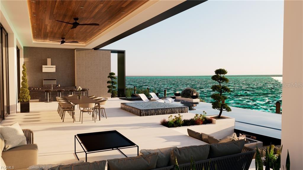 This rendering shows a modern outdoor patio with a dining area, pool, and ocean view — 5929 SW 1ST AVENUE, CAPE CORAL, FL