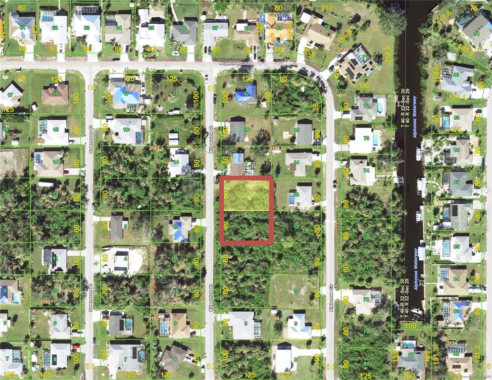 This is a map showing a highlighted vacant lot in a residential neighborhood — 4216 KILPATRICK STREET, PORT CHARLOTTE, FL