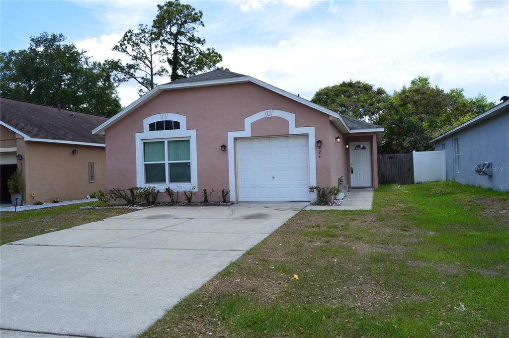 A single-story house with a pink stucco exterior, a garage, and a concrete driveway — 424 DELICATA DRIVE, ORLANDO, FL