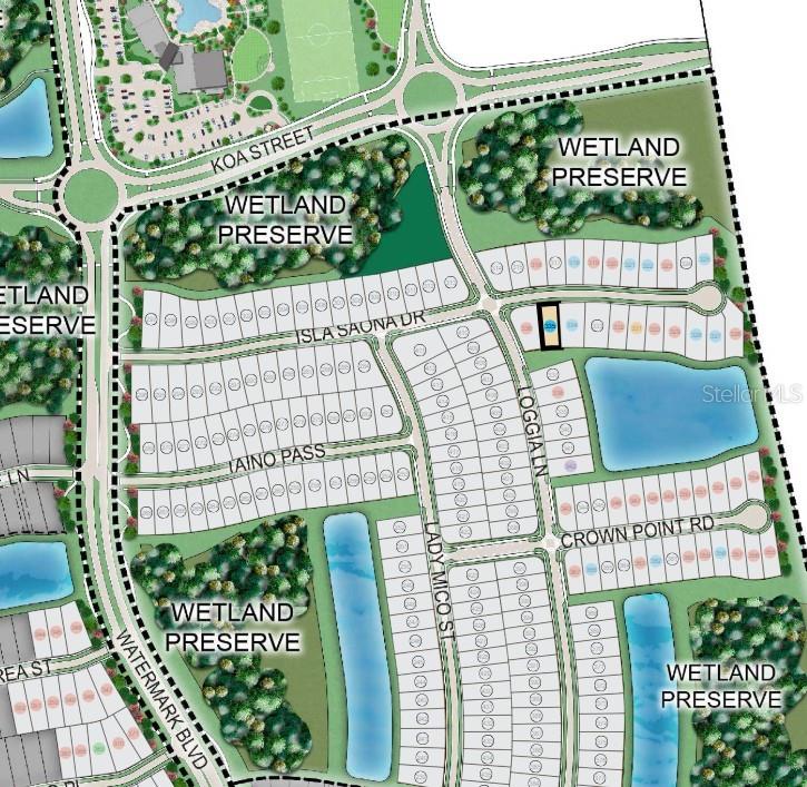 This is a site plan rendering of a residential community featuring lots, streets, and wetlands — 5484 ISLA SAONA DRIVE, KISSIMMEE, FL