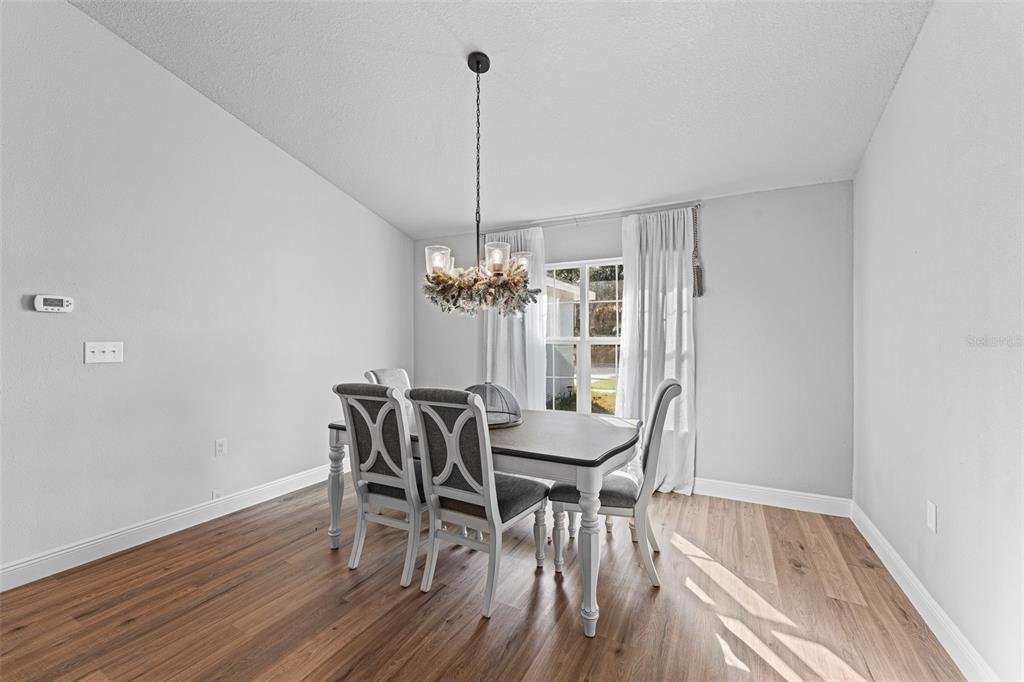 A dining room features a wooden table, four chairs, a chandelier, and light wood flooring — 1780 SW 168TH LOOP, OCALA, FL