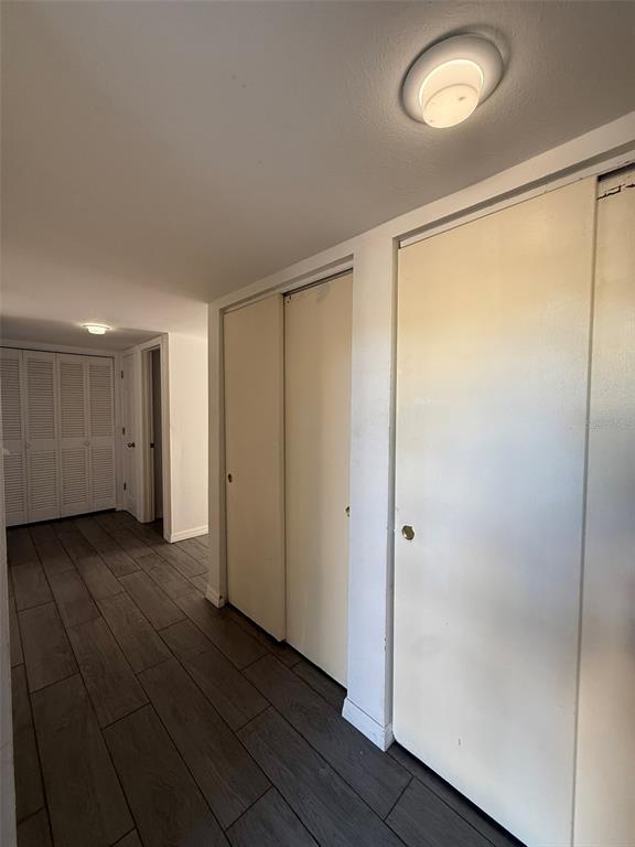 A hallway features wood-look tile flooring, white walls, and multiple sets of closet doors — 1575 GREENLEA DRIVE UNIT 9, CLEARWATER, FL