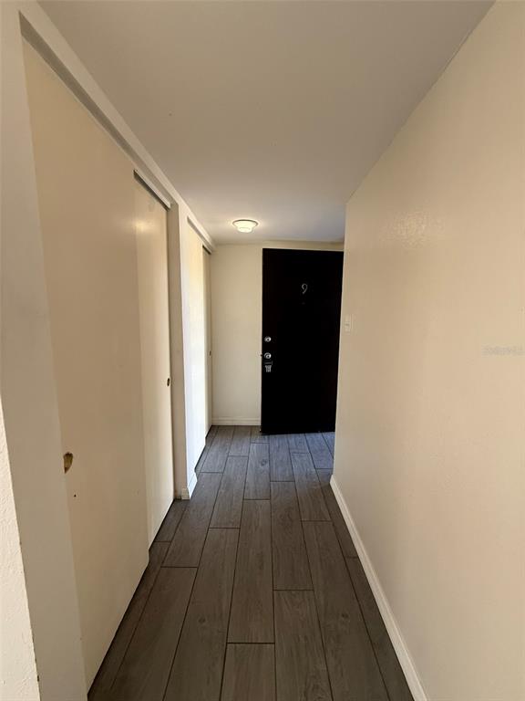A hallway with wood-look tile flooring leads to a black door marked with the number nine — 1575 GREENLEA DRIVE UNIT 9, CLEARWATER, FL