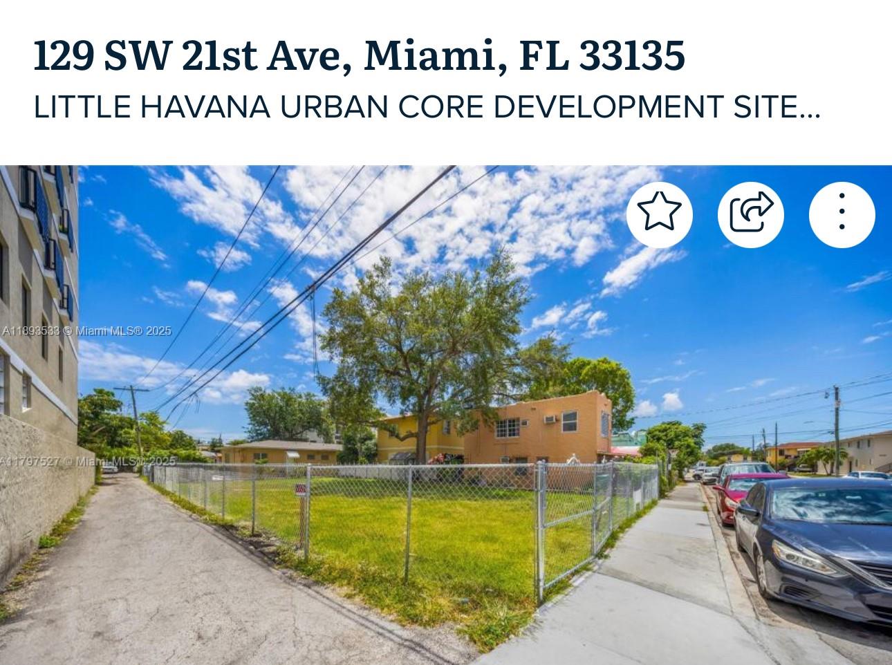 A fenced vacant lot sits between a paved alleyway and a sidewalk with parked cars — 129 SW 21st Ave, Miami FL 33135, MIAMI, FL