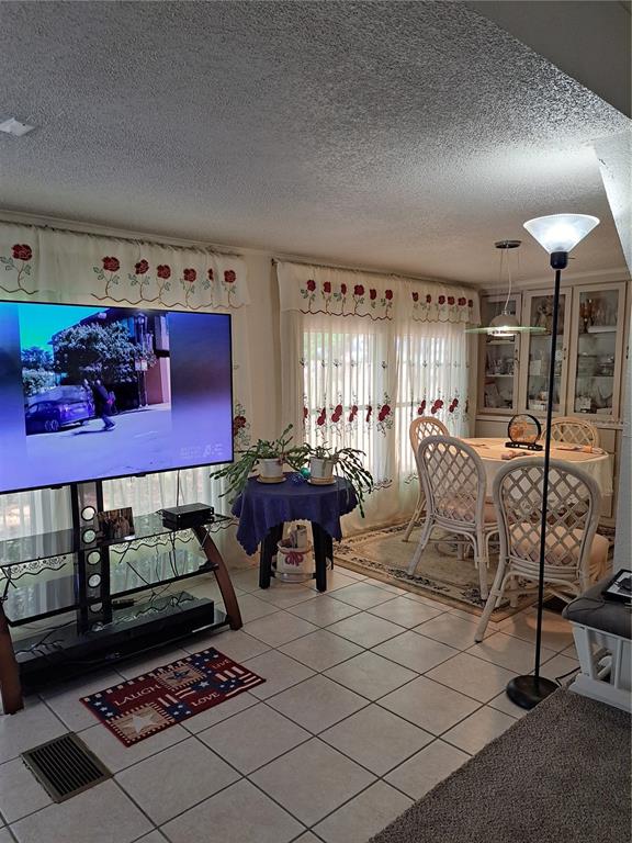 A living and dining area features tile flooring, a television on a stand, and curtains — 119 DAISY AVENUE, AUBURNDALE, FL