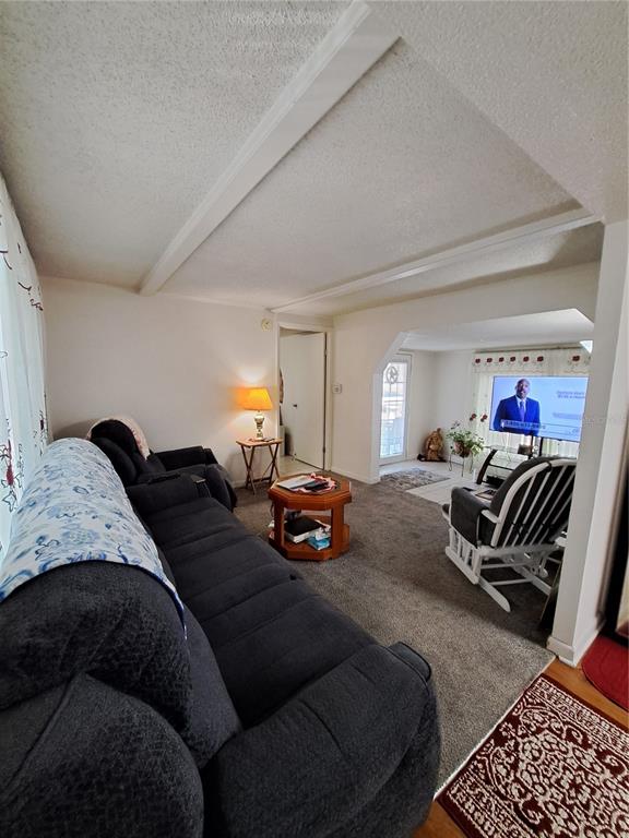 A living room features a dark sofa, a wooden coffee table, and a television area — 119 DAISY AVENUE, AUBURNDALE, FL