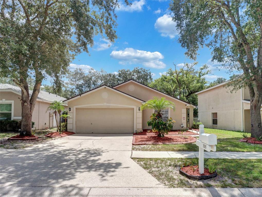 A single-story suburban house with a two-car garage, beige stucco exterior, and a concrete driveway — 7515 TERRACE RIVER DRIVE, TEMPLE TERRACE, FL