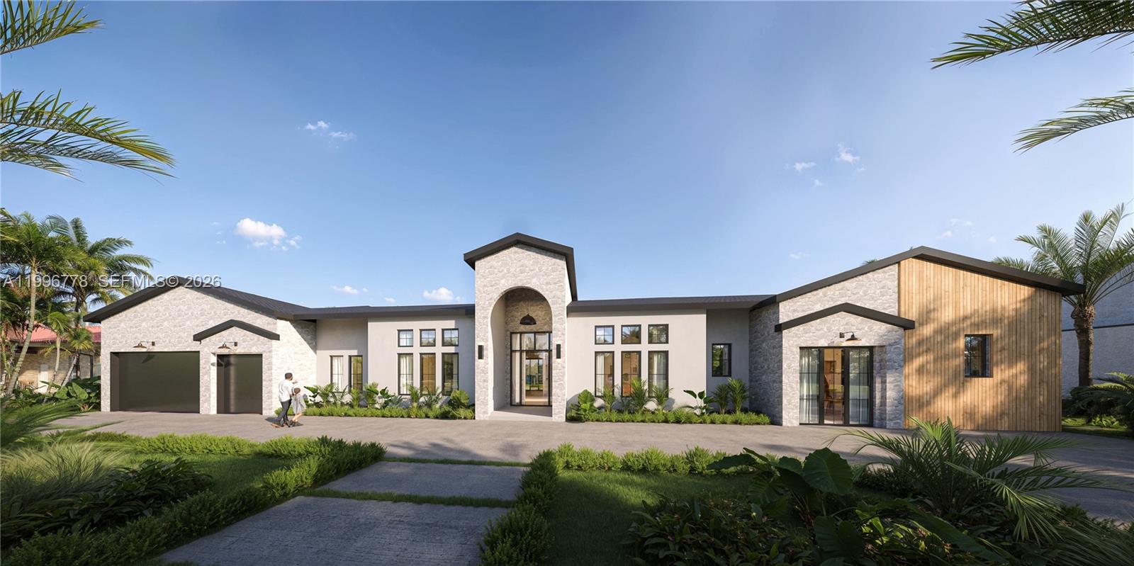 This is a rendering of a modern single-story house with stone and wood siding — 3214 Pierson Dr, Delray Beach FL 33483, DELRAY BEACH, FL