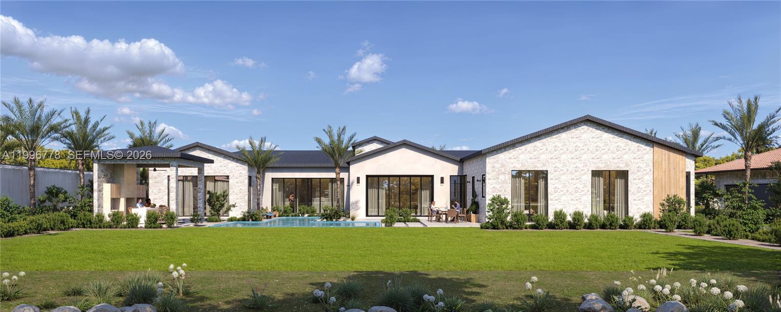 This is a rendering of a modern single-story house with a pool and lawn — 3214 Pierson Dr, Delray Beach FL 33483, DELRAY BEACH, FL