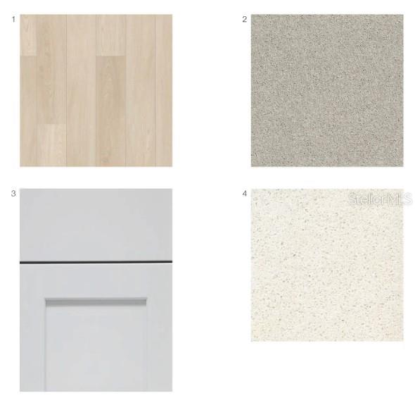 This image shows a material board featuring light wood flooring, gray carpet, white cabinetry, and countertops — 5461 ISLA SAONA DRIVE, KISSIMMEE, FL