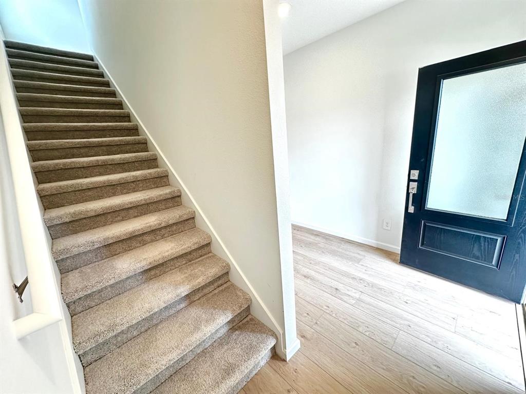 A carpeted staircase leads upward next to a foyer with light wood flooring and a door — 3129 BROOKHOLLOW WAY, MINNEOLA, FL