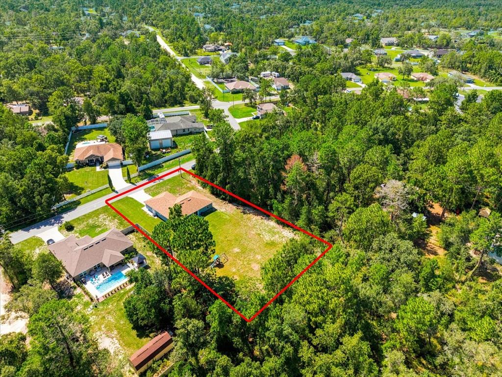 An aerial view shows a house with a large backyard outlined in red — 12327 MILLINGTON AVENUE, WEEKI WACHEE, FL