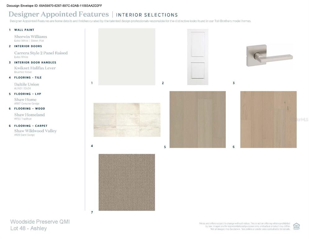 This document displays a list of interior finish selections including paint, doors, hardware, and flooring — 154 PURCELL DRIVE, ORLANDO, FL