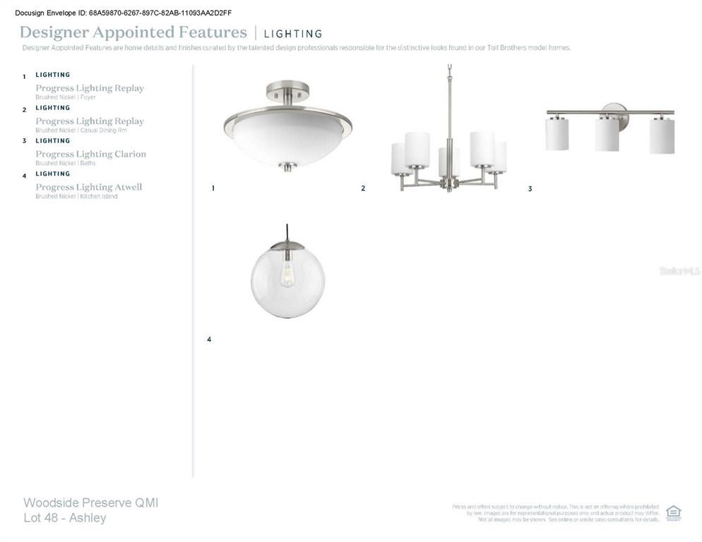 This document displays four Progress Lighting fixtures in brushed nickel for a residential home — 154 PURCELL DRIVE, ORLANDO, FL