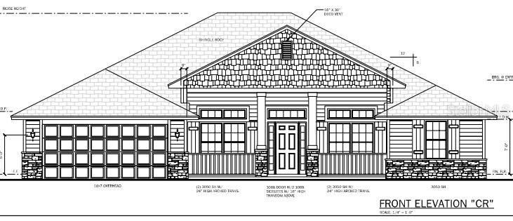 This architectural rendering shows the front elevation of a single-story house with a stone base — 247 SW BELLFLOWER DRIVE, LAKE CITY, FL
