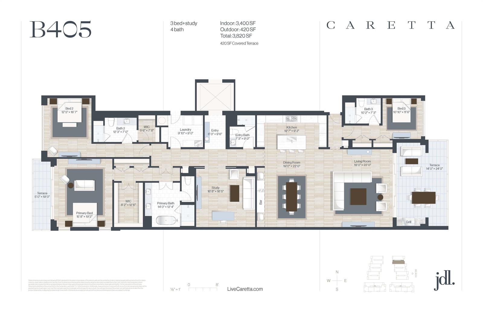 This is a floor plan for a three-bedroom, four-bathroom residential unit with two terraces — 1011 Us Highway 1 # B405, Juno Beach FL 33408, JUNO BEACH, FL