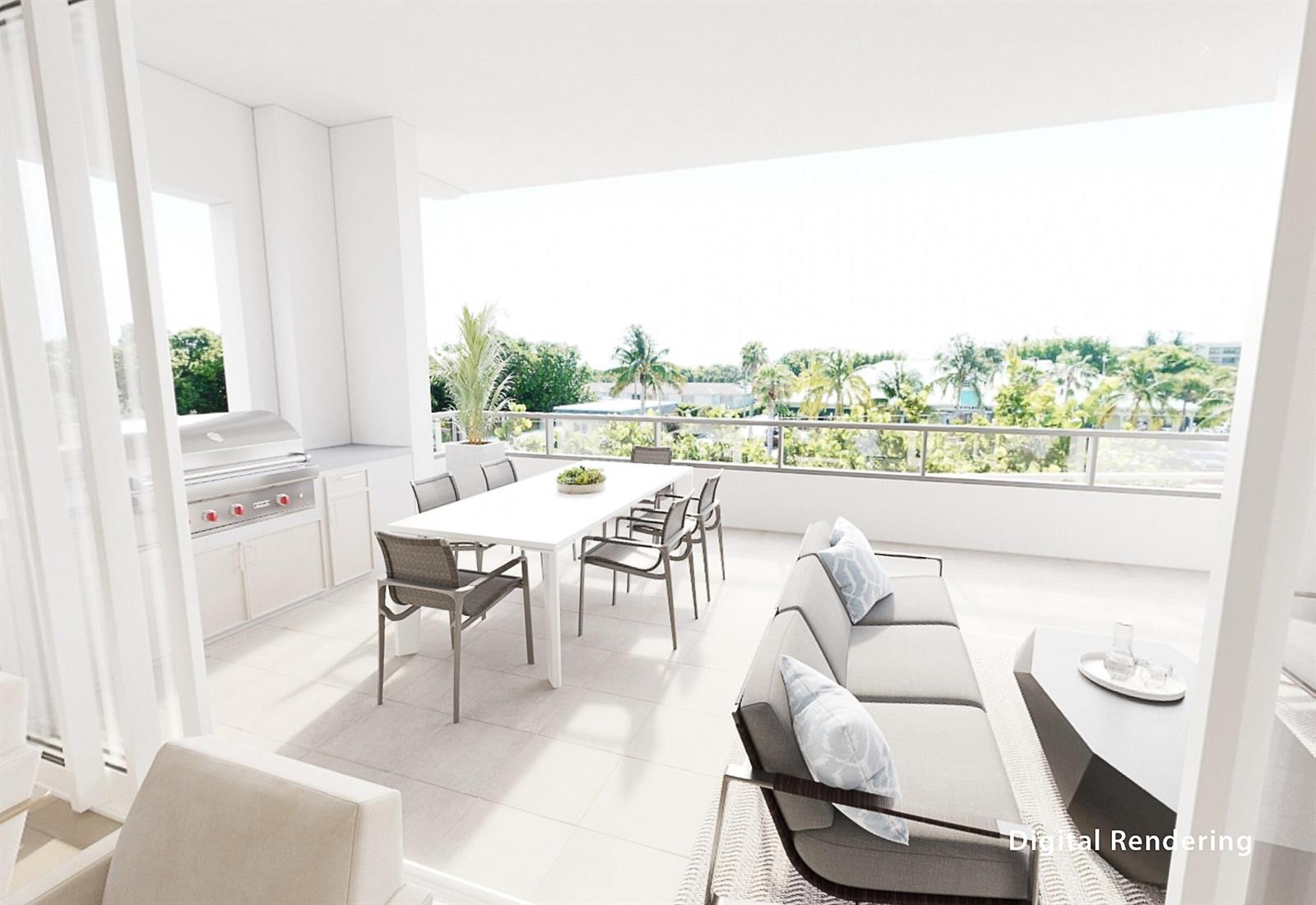 This digital rendering shows a modern outdoor balcony with a dining area, grill, and sofa — 1011 Us Highway 1 # B405, Juno Beach FL 33408, JUNO BEACH, FL