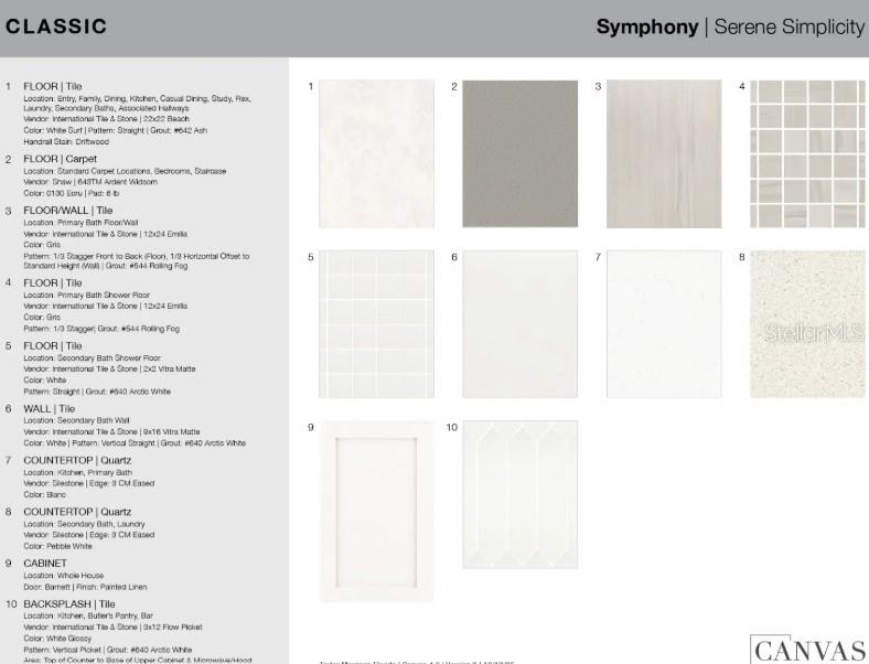This design board displays samples of flooring, cabinetry, countertops, and tile finishes for a home — 13304 SANTINI CIRCLE, ENGLEWOOD, FL