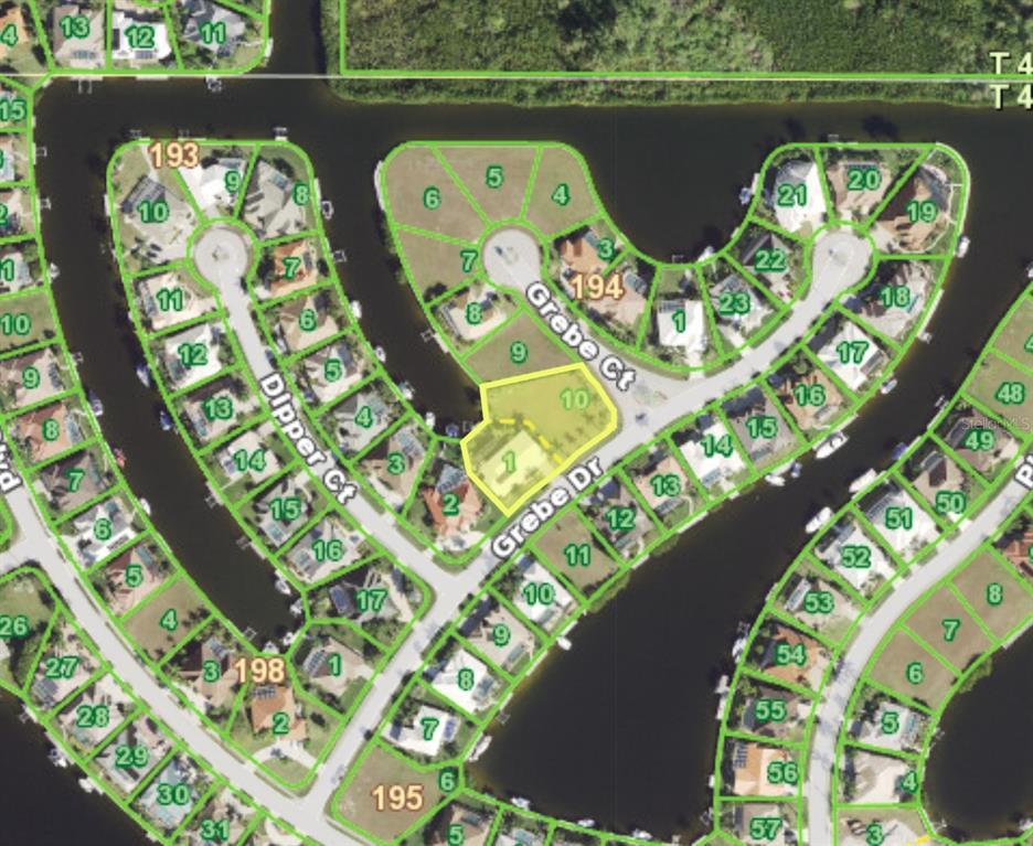 This is an aerial map showing residential lots and waterways in a suburban neighborhood — 1423 GREBE COURT, PUNTA GORDA, FL