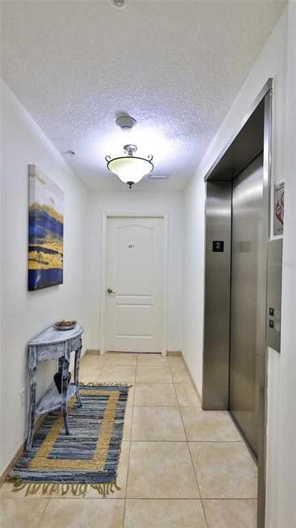 A hallway features a white door, a metal elevator, a console table, and a rug — 3756 S ATLANTIC AVENUE UNIT 201, DAYTONA BEACH, FL