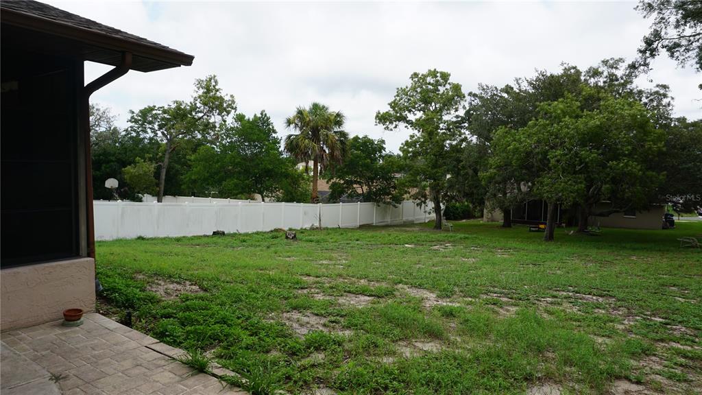 A view of a grassy backyard with a white vinyl fence and mature trees — 7317 LITTLE ROAD, NEW PORT RICHEY, FL