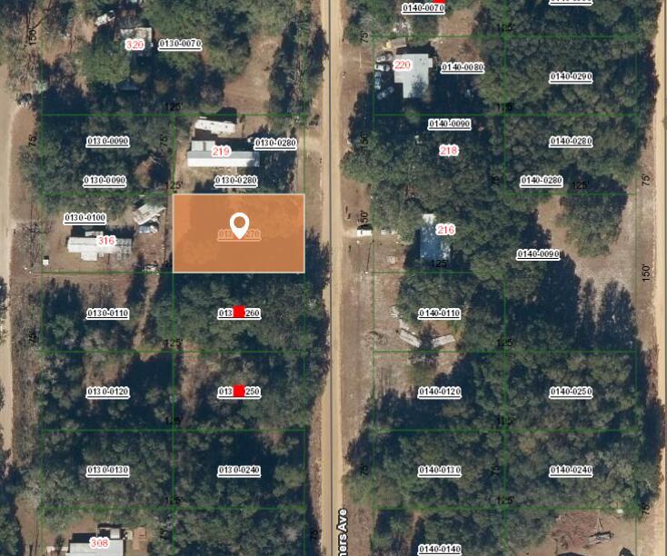 This is a satellite map view showing a highlighted rectangular land parcel among wooded lots — 2 N Helmers Avenue, FL 32148, FL
