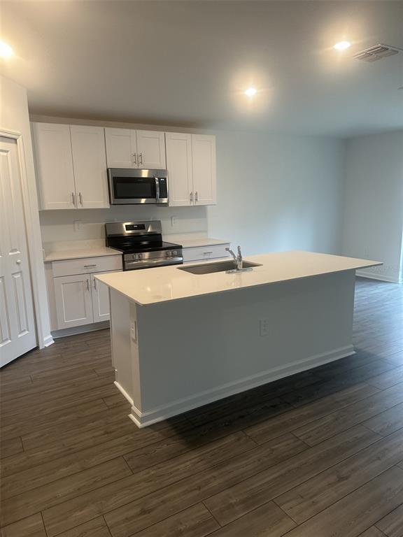 A kitchen features white cabinets, stainless steel appliances, a center island, and wood-look flooring — 13110 SW 89 STREET, OCALA, FL