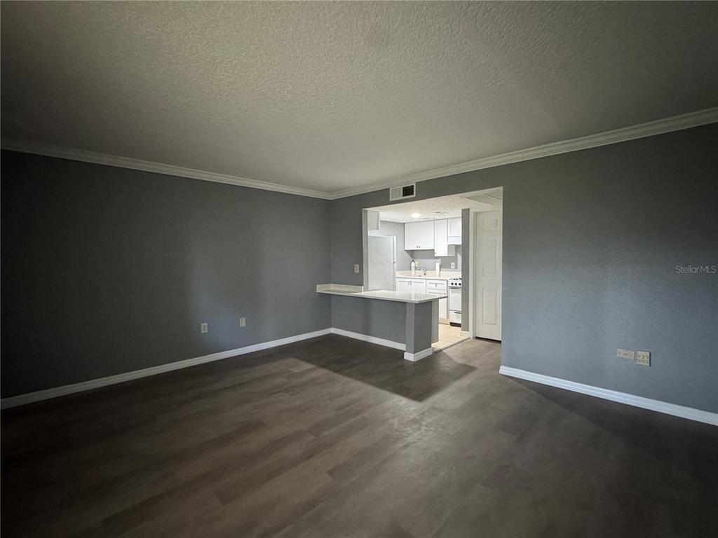 A living room with gray walls and wood-look flooring opens to a white kitchen — 120 BLUE POINT WAY UNIT 130, ALTAMONTE SPRINGS, FL