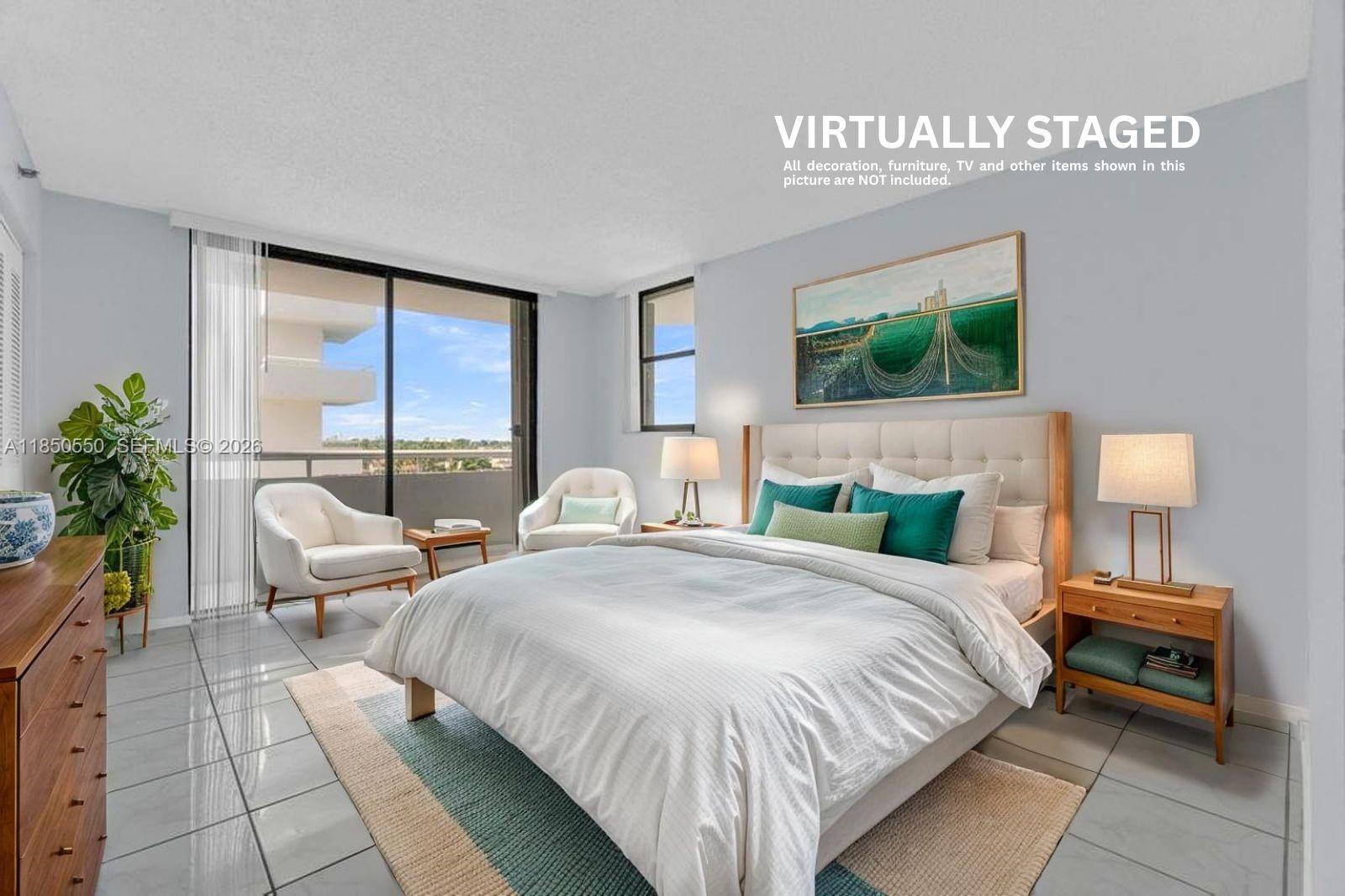 An empty room features light gray walls, large white floor tiles, and a sliding glass door — 6830 Indian Creek Dr # 6D, Miami Beach FL 33141, MIAMI BEACH, FL