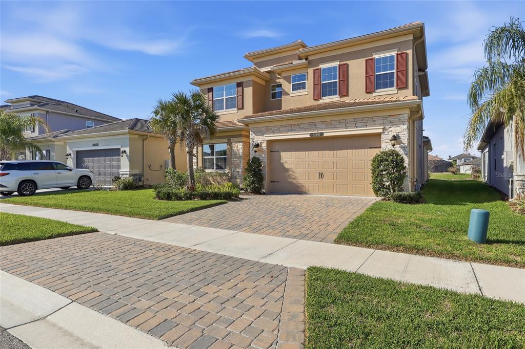An aerial view shows a row of suburban houses facing a pond — 32801 TREE OF LIFE AVENUE, WESLEY CHAPEL, FL