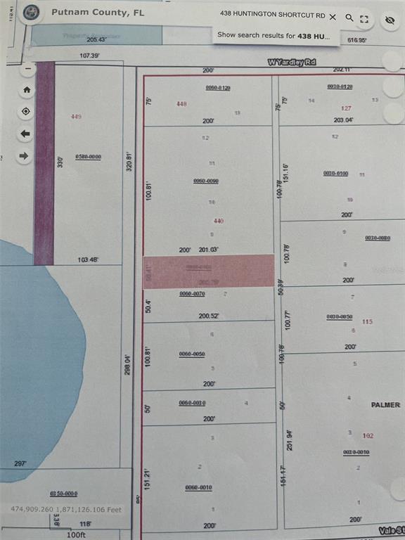 This is a property tax map showing parcel boundaries and dimensions in Putnam County, Florida — 438 HUNTINGTON SHORTCUT ROAD, POMONA PARK, FL