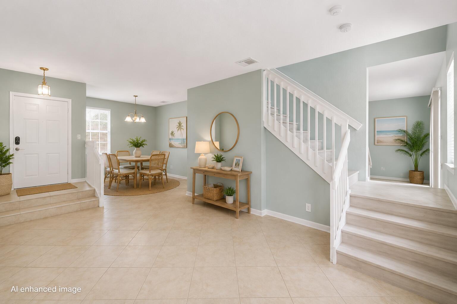 An entryway with light green walls, tile flooring, a dining area, and a white staircase — 5453 Queenship Court, FL 33463, FL