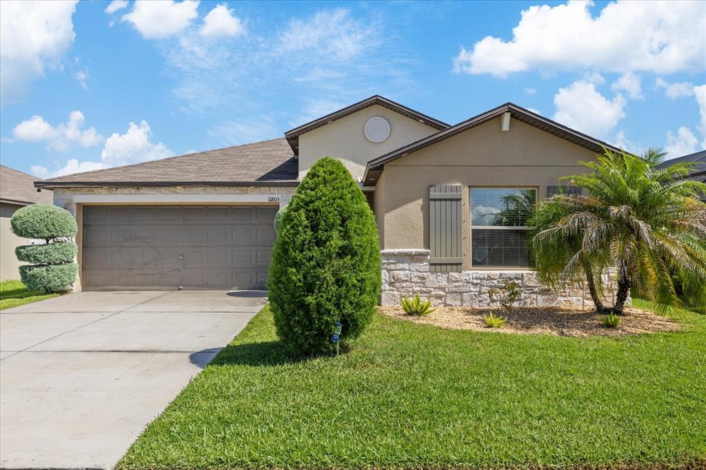 A single-story suburban house with a two-car garage, stone accents, and a palm tree — 11803 BLACKEYED SUSAN DRIVE, RIVERVIEW, FL