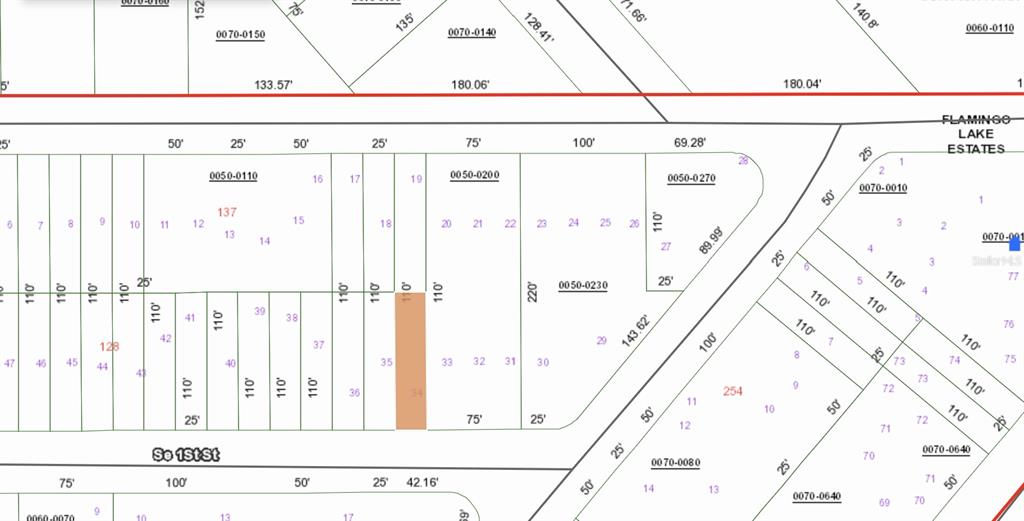 This is a tax map showing property lot lines and dimensions for a residential area — 00 SE 1ST STREET, INTERLACHEN, FL